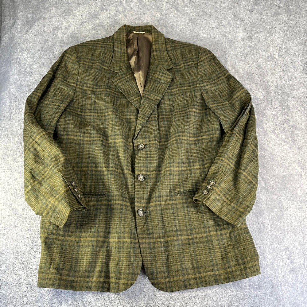 Banana Republic Blazer Mens XL Olive Green Plaid 100% Linen Summer Sport Coat